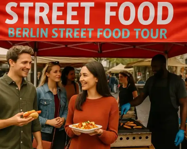 Glückliche Menschen genießen Hotdogs und Pommes auf einem Street Food Festival in Berlin.