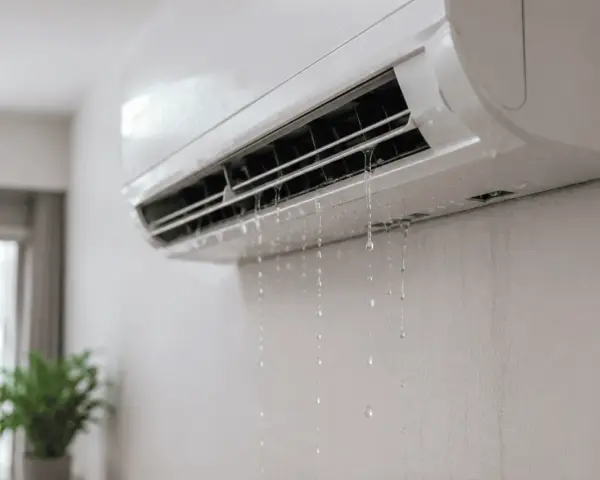 El aire acondicionado gotea agua de la unidad interior, formando un charco en la pared.