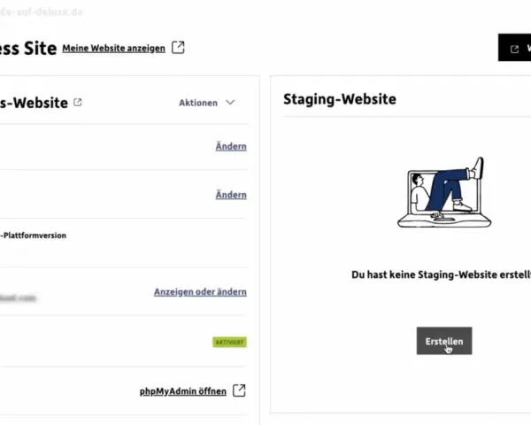 Verwaltungsoberfläche für webseiten erstellen mit wordpress. Zeigt Produktions- und Staging-Website-Einstellungen.