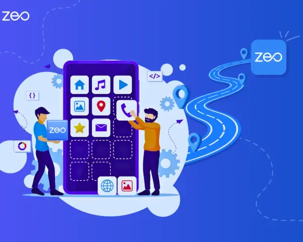 Dwóch mężczyzn buduje aplikację na smartfonie, obok droga z pinezkami i logo "zeo".