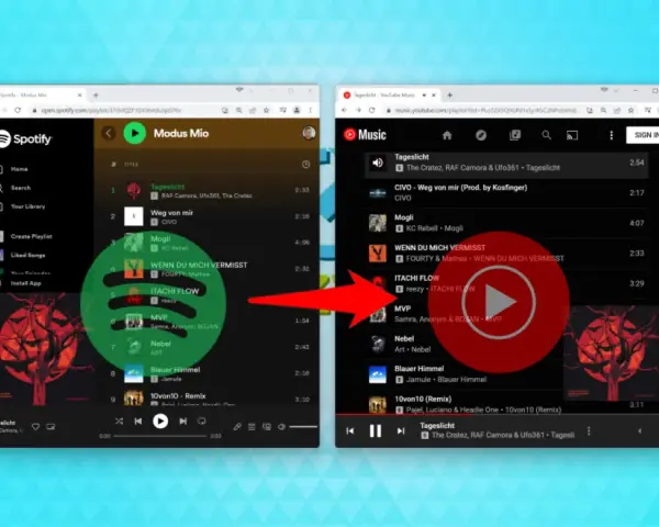 Spotify-Playlist "Modus Mio" wird zu YouTube Music übertragen. Ein grüner Kreis zeigt den Übergang von Deezer zu Spotify.