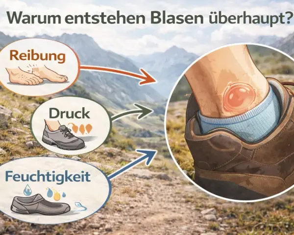 Ursachen für Blasen: Reibung, Druck und Feuchtigkeit. Geschlossene Blasen behandeln erfordert Vorsicht.