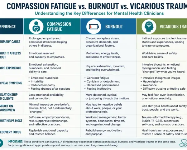 Chart comparing compassion fatigue, burnout, and vicarious trauma for mental health clinicians, highlighting causes, symptoms, and recovery strategies, emphasizing compassion and understanding.