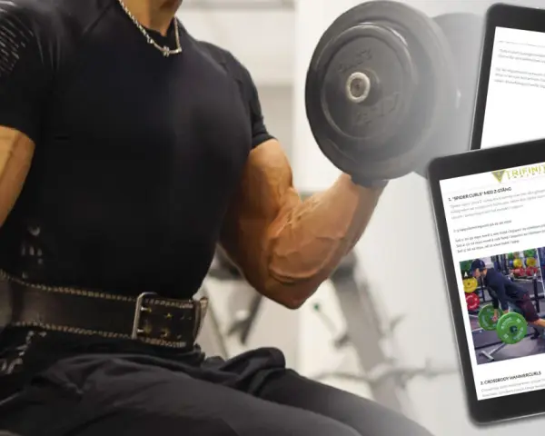 En man utför bicepscurl med stång. En surfplatta visar övningar för armar, inklusive "Spider Curls".