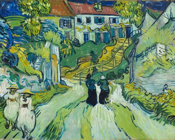 Les œuvres d'art de Vincent van Gogh prennent vie dans ce paysage verdoyant. Deux femmes marchent sur un chemin, tandis que d'autres figures se promènent dans le jardin.