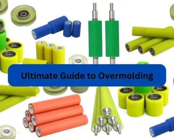 A collage of colorful rollers and wheels, showcasing the process of overmolding.