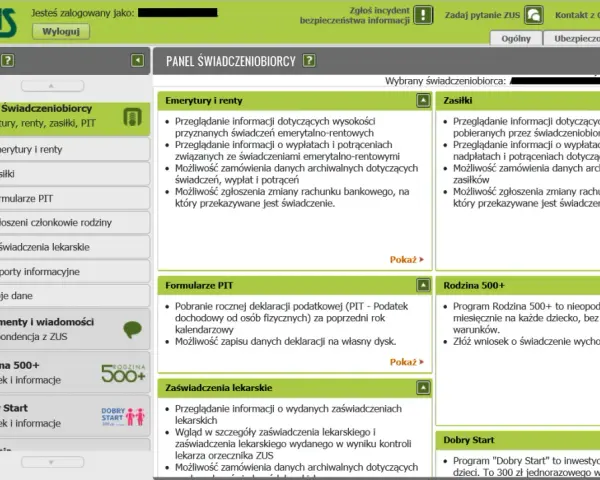 Panel boczny z menu ZUS: Emerytury, renty, zasiłki, PIT, formularze, zaświadczenia lekarskie.