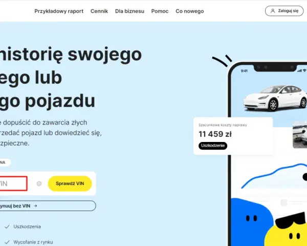Sprawdź historię pojazdu na CarVertical, wprowadzając numer VIN. Dowiedz się o uszkodzeniach, przebiegu i cofnięciach.