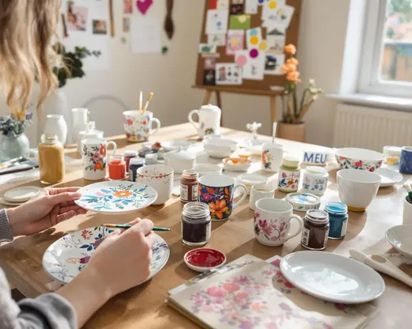 En person målar blommor på en mugg. Bordet är fullt av muggar, tallrikar och färger, redo för kreativt måla på muggar.