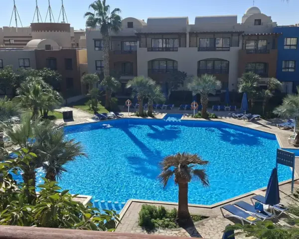 Basen w Radisson Individuals Marina Port Ghalib. Opinie gości chwalą ten tropikalny raj z palmami i krystalicznie czystą wodą.