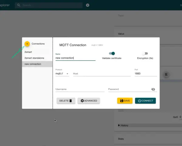 MQTT Explorer interface showing a new connection dialog. The user is creating a "new connection" with protocol "mqtt://", host, username, and password fields.