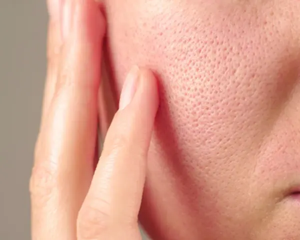 Gros plan sur une peau avec un pore dilaté visible, touchée par une main.