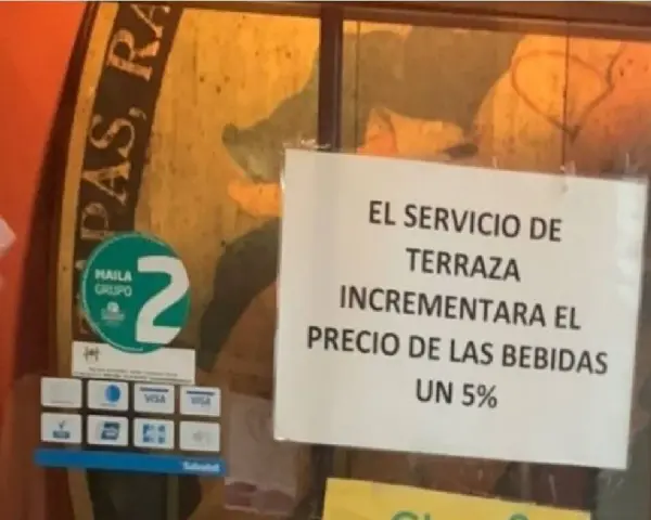 Aviso en un bar: el servicio de terraza incrementará el precio de las bebidas un 5%. Obligación de informar.