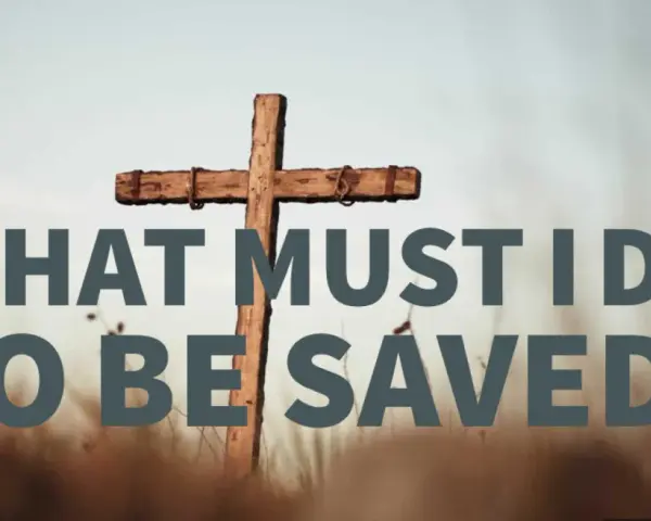 A wooden cross stands in a field of dry grass. Text reads: "WHAT MUST I DO TO BE SAVED?" This image explores the question of how to get to heaven.
