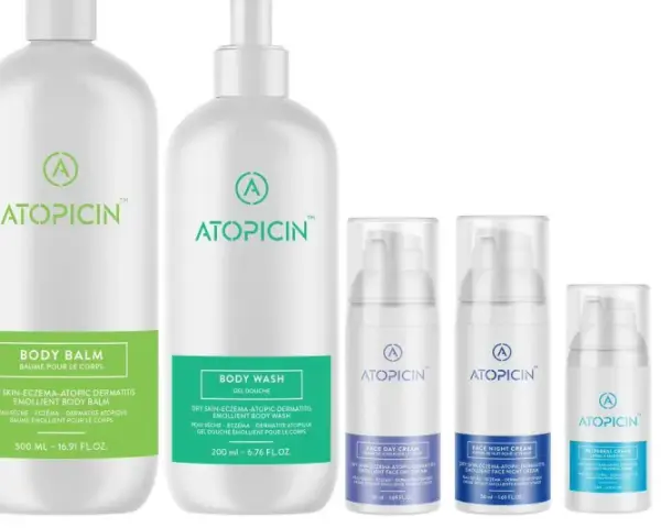 Linia produktów Atopicin: szampon, balsam, żel pod prysznic, kremy do twarzy i balsam do ciała. Idealne dla skóry z egzemą, zapewniające ulgę i nawilżenie.