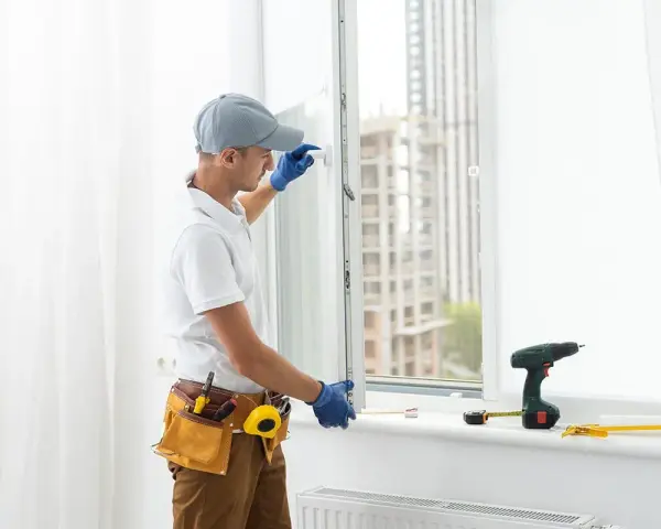 Un technicien installe une fenêtre à double vitrage. Outils et perceuse sur le rebord de la fenêtre.
