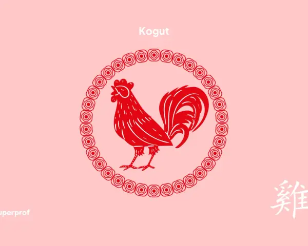 Czerwony kogut, symbol chińskiego zodiaku, w ozdobnym okręgu. Rok 1981 był rokiem koguta.