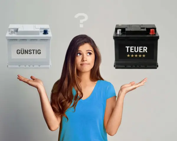 Frau überlegt, ob sie eine günstige oder teure Autobatterie zum Umtausch wählen soll.