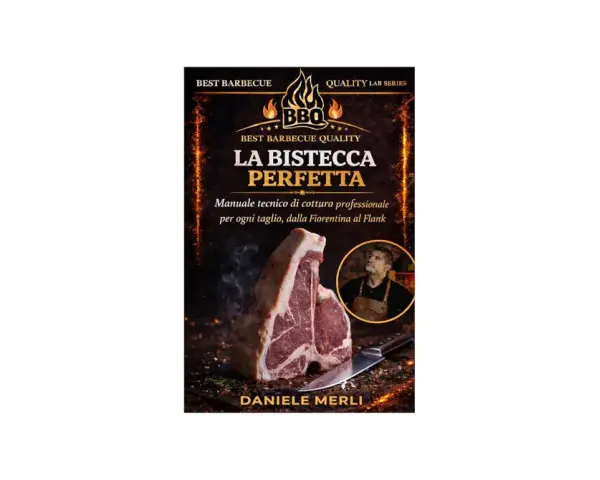 Copertina libro "La Bisteccha Perfetta" con una succulenta bistecca di manzo in primo piano e un cuoco sullo sfondo.
