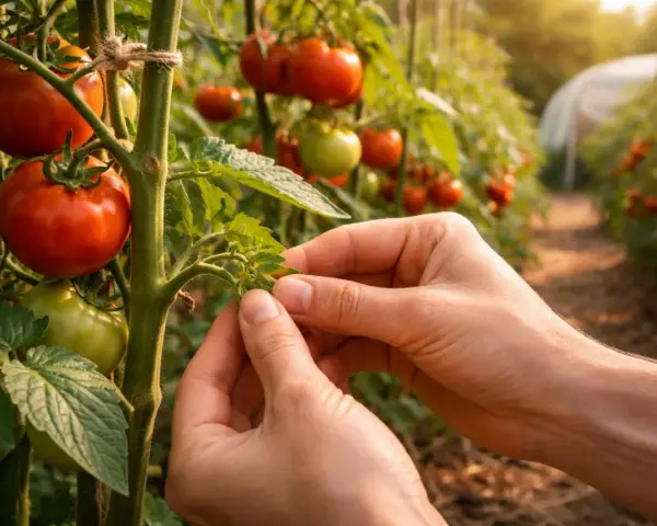 Hände zupfen junge Triebe ab, um das Wachstum der reifen Tomaten zu fördern.