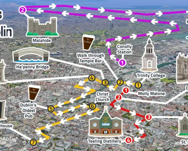 A visual guide for a 3-day Dublin Ireland itinerary, highlighting key landmarks like Trinity College, Dublin Castle, and Howth, with numbered routes.