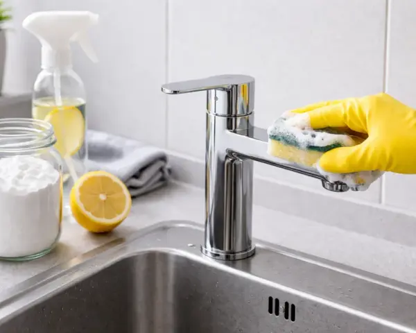 Rękawiczka w żółtej rękawiczce czyści kran gąbką, pokazując, jak wyczyścić sitko w kranie naturalnymi środkami: sodą i cytryną.