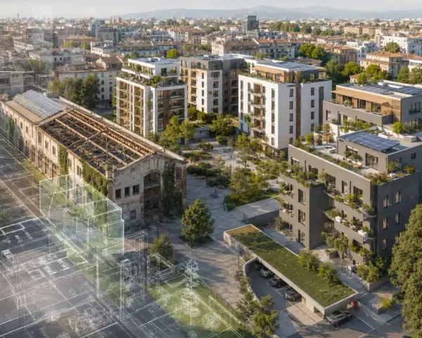 Un vecchio edificio industriale si trasforma in un nuovo piano casa con appartamenti moderni, giardini pensili e pannelli solari.