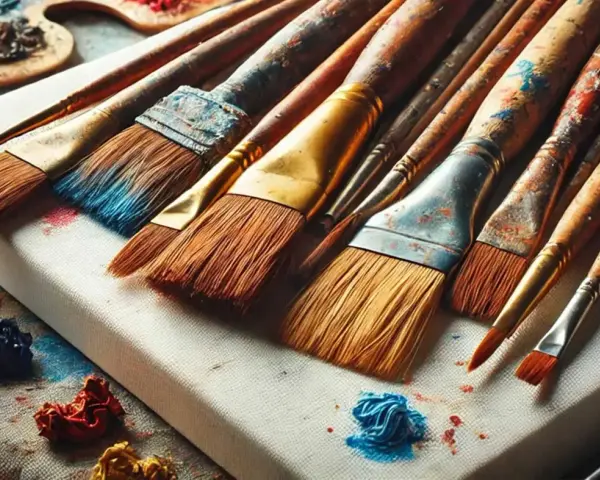 Ensemble de pinceaux à huile en bois, prêts pour le nettoyage. Des touches de couleur bleue et rouge subsistent sur les poils.