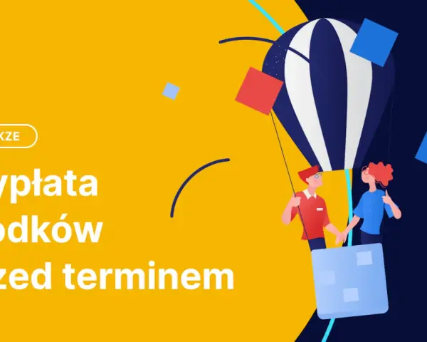 IKE/IKZE: wypłata środków przed terminem. Dwie postacie w balonie unoszą się nad żółtym tłem.