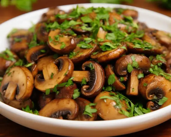 Champignons de Paris sautés, parfaits pour une recette facile et savoureuse. Garnis de persil frais.