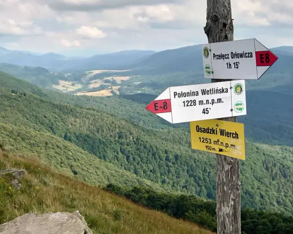 Wskazówki szlaku na Przełęcz Orłowicza i Połoninę Wetlińską. Kierunek na Osadzki Wierch.