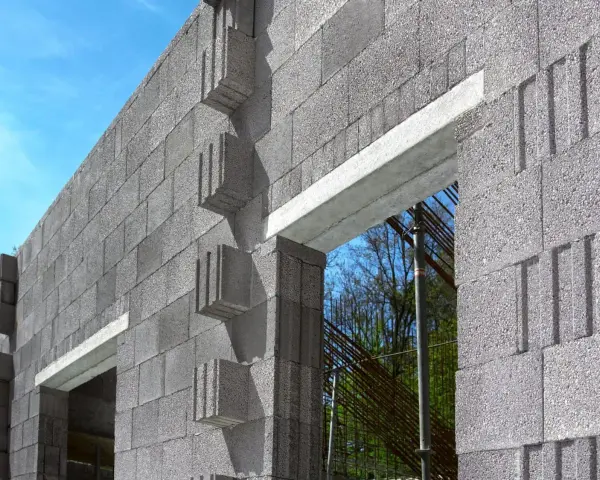 Wzmocnienie nadproża kątownikami w budowie z bloczków betonowych. Widok na fragment ściany z otwartym przejściem.