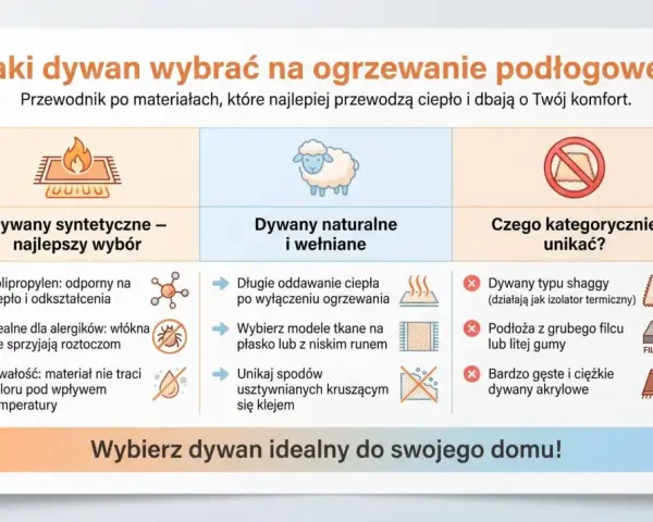 Wykładzina na ogrzewanie podłogowe: syntetyczne są najlepszym wyborem, naturalne i wełniane oddają ciepło, unikaj shaggy i grubych filców.