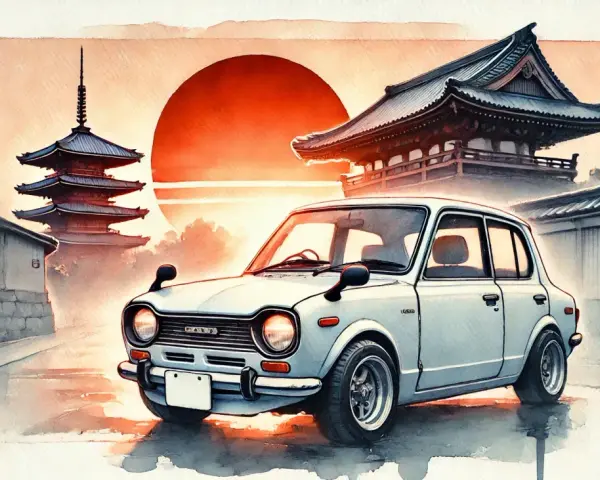 Urocze, białe auto z Japonii na tle zachodzącego słońca i tradycyjnych pagód.