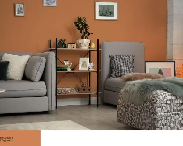 Przytulny salon z sofą i fotelem, ściany w ciepłym, **kolorze ceglastym**, regał z dekoracjami.