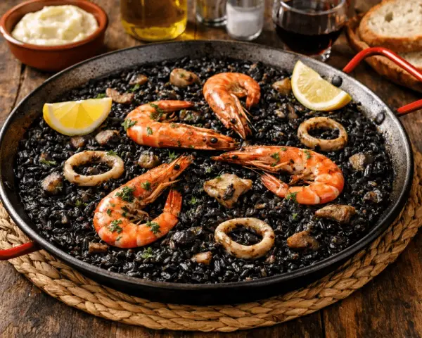 Paella de arroz negro con gambas, calamares y limón en una sartén.