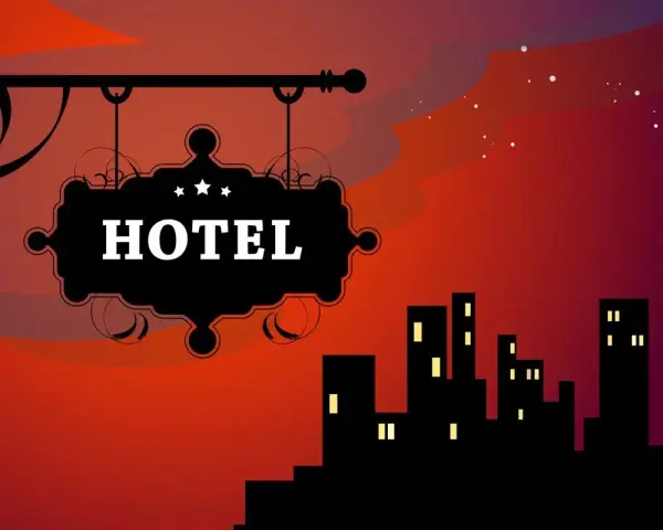 Czarny szyld hotelowy z napisem "HOTEL" na tle nocnego miasta i czerwonego nieba.