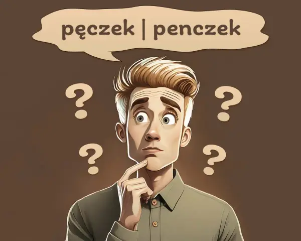 Zastanawia się, zza jaka to część mowy. Wokół niego unoszą się znaki zapytania, a w chmurce widnieje "pęczek | penczek".