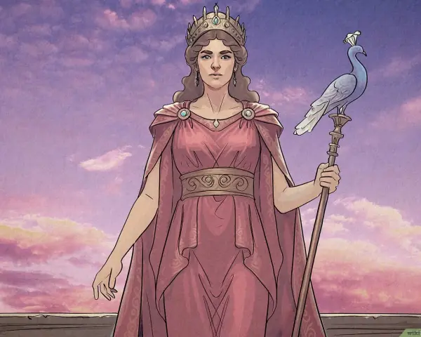 Hera goddess, queen of the gods, stands regally in a pink gown and crown, holding a staff topped with a peacock.