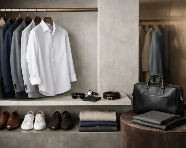 Armadio maschile con abiti eleganti, scarpe e accessori. Un guardaroba curato per trovare il proprio stile uomo.