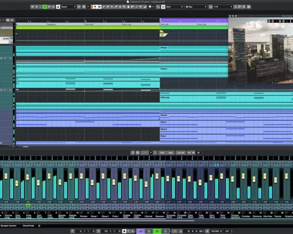 DAW Software Windows: Cubase mit vielen Spuren für Streicher, Holz- und Blechbläser. Ein Video mit Hochhäusern läuft.