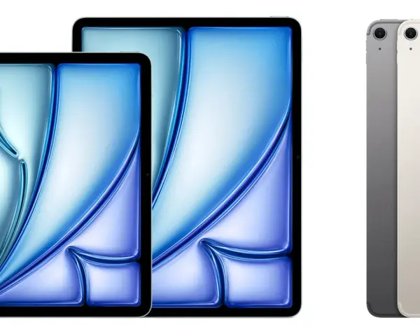 Zwei iPads in verschiedenen Größen mit blau-violettem Hintergrund und vier iPads in verschiedenen Farben nebeneinander.