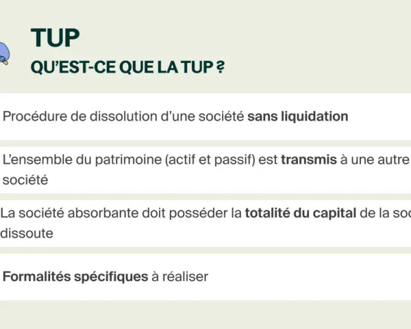 Illustration expliquant la TUP : procédure de dissolution sans liquidation où l'ensemble du patrimoine est transmis, assurant une transmission universelle de patrimoine.