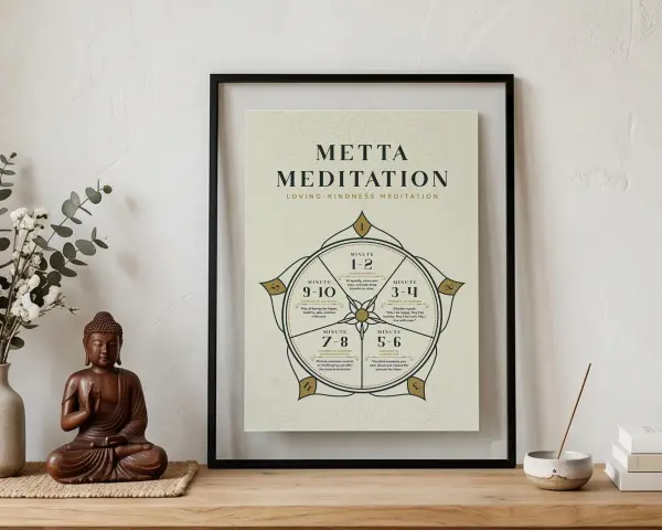 Gerahmter Text mit "Metta Meditation" und Anleitungen. Daneben eine Buddha-Statue und Blumen.