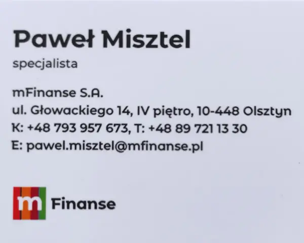 Wizytówka Pawła Misztela, specjalisty mFinanse S.A. z Olsztyna.