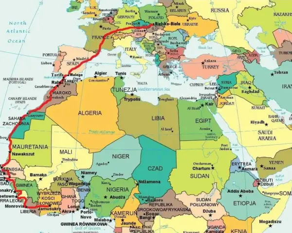 Trasa z Europy przez Afrykę Północną do Ghany, pokazująca gdzie leży Ghana.