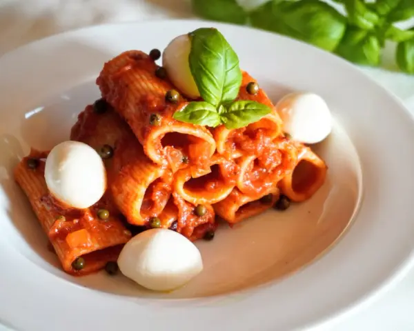 Rigatoni z sosem pomidorowym, kulkami mozzarelli i bazylią. Szybki obiad z makaronem z czerwonym pesto ze słoika.
