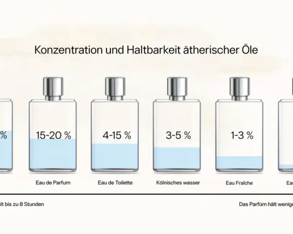 Sechs Parfümflaschen mit unterschiedlichen Konzentrationen und Füllständen, die die Haltbarkeit von Düften veranschaulichen.