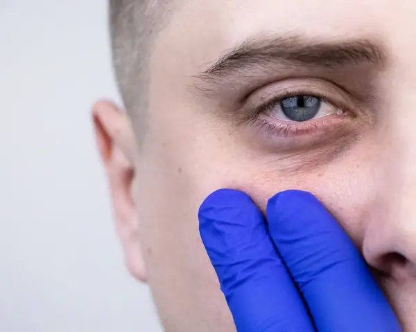 Dłoń w niebieskiej rękawiczce dotyka skóry pod okiem, sugerując poszukiwanie sposobu, jak pozbyć się cieni pod oczami na zawsze.