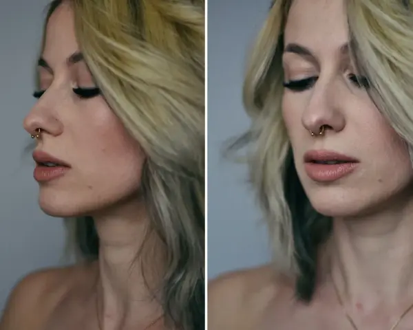 Kobieta z blond włosami i złotym kółkiem w nosie. Czy septum zarasta? Delikatny makijaż podkreśla jej urodę.
